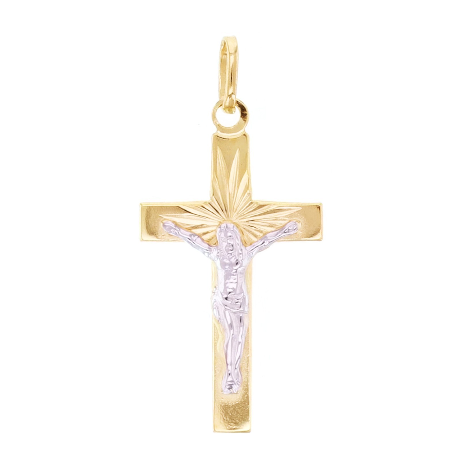 Italian 14k Yellow & White Gold Crucifix Cross Charm Pendant 1.3″ 1.5 grams