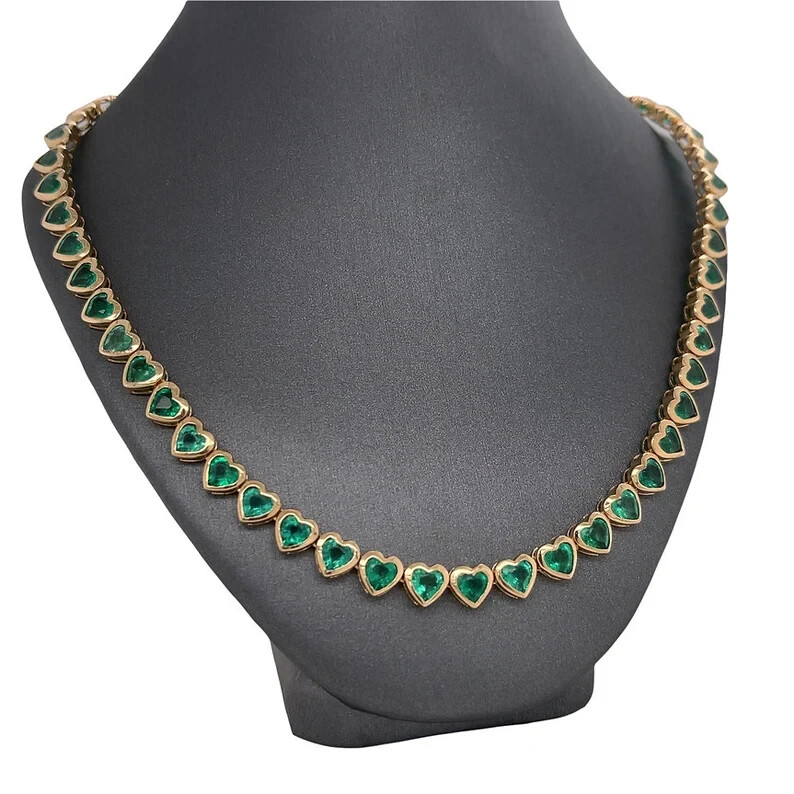 16CT Natural Green Emerald Tennis Necklace 14KT Yellow Gold 17″In CERTIFIED