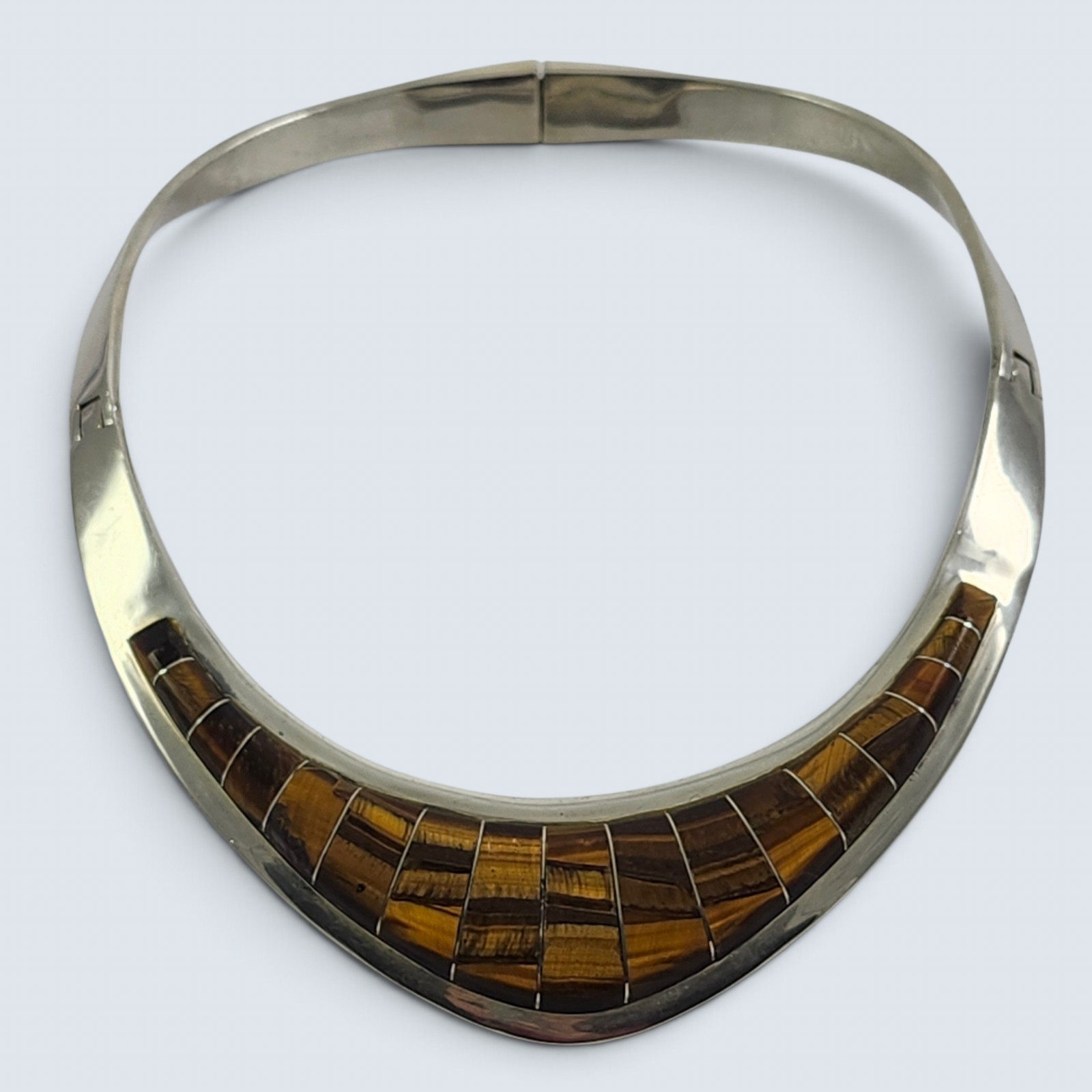 Vintage Alicia De La Paz Mexico Sterling Silver Tiger Eye Stone Collar Necklace