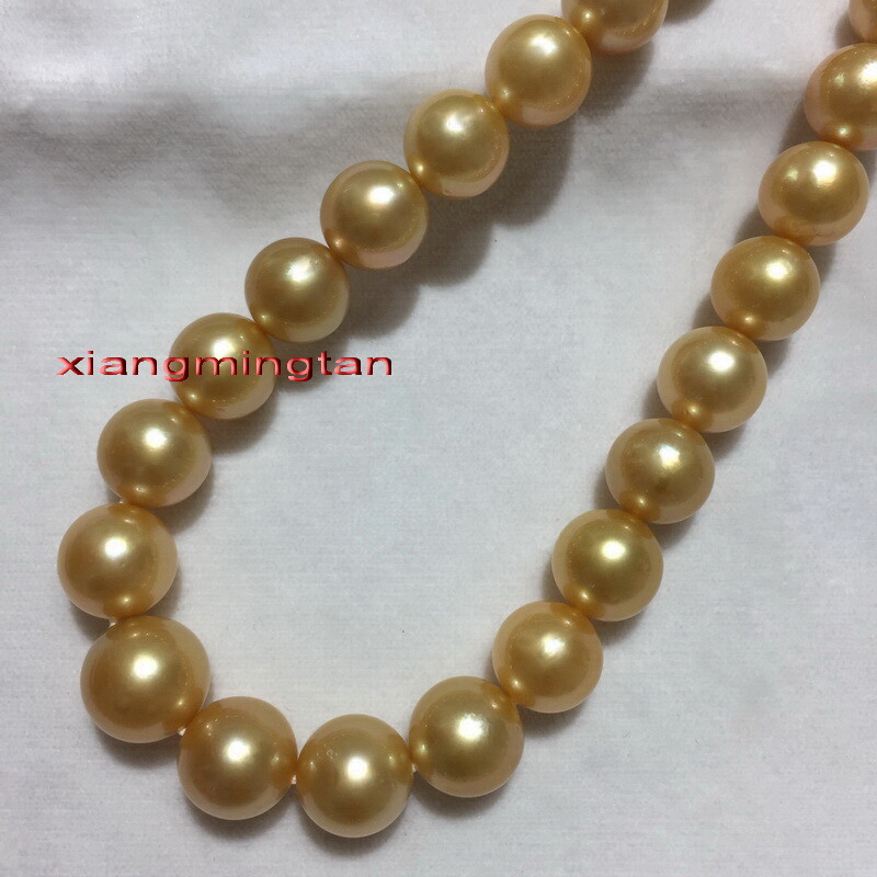AAAAA 18″11-12mm NATURAL REAL South sea deep golden pearl necklace 14K gold