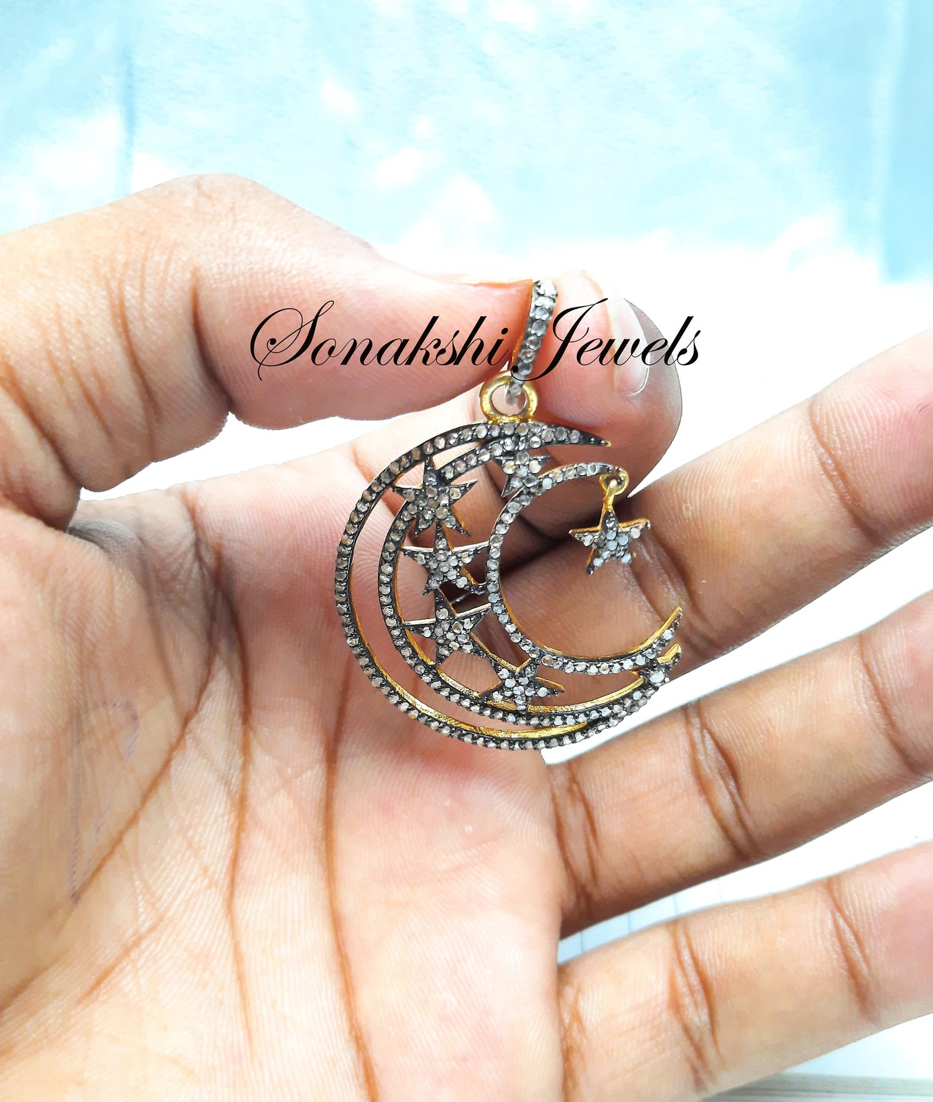 Rose Cut Diamond Moon Star Pendant: Handmade 925 Sterling Silver Pendent