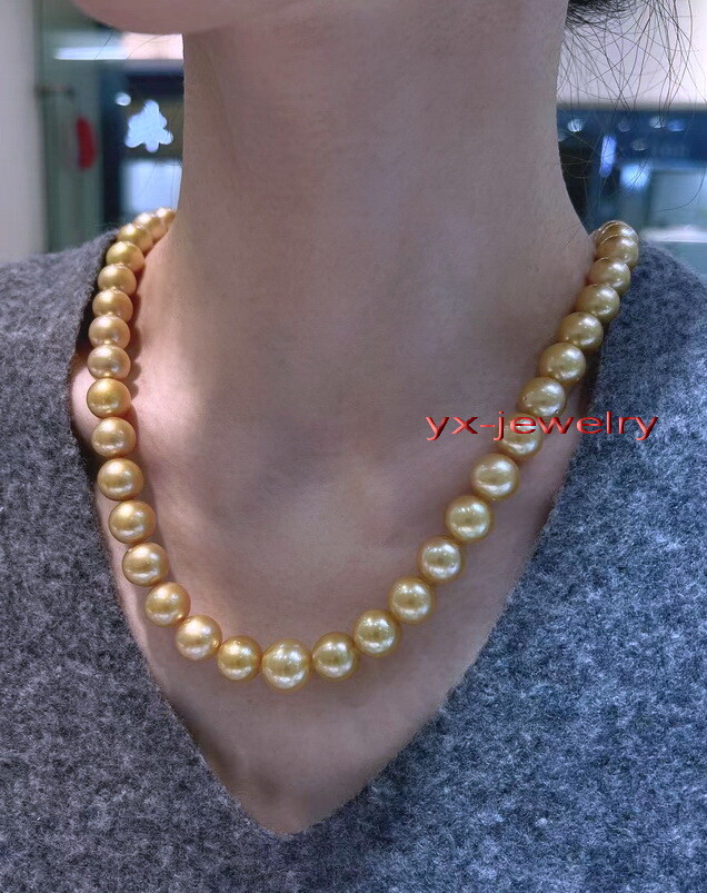 AAAAA LONG 20″11-12mm REAL natural south sea golden pearl necklace 14K gold