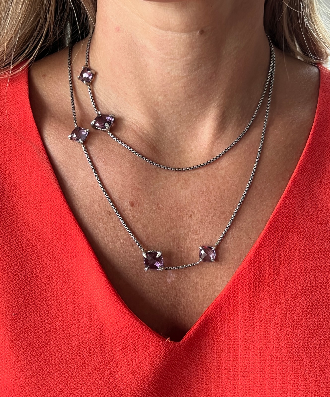 David Yurman Sterling Silver Chatelaine Amethyst Diamond Station Necklace