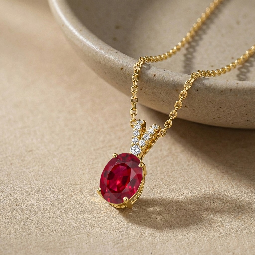 Oval Red Ruby Pendant Necklace, July Birthstone Fine Jewelry For Women