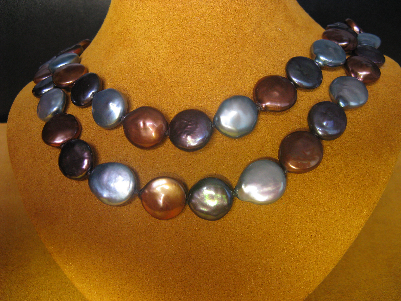 HONORA COIN DENIM PEARL NECKLACE STRAND STRING 36 BLUE BROWN BRONZE SS Luster
