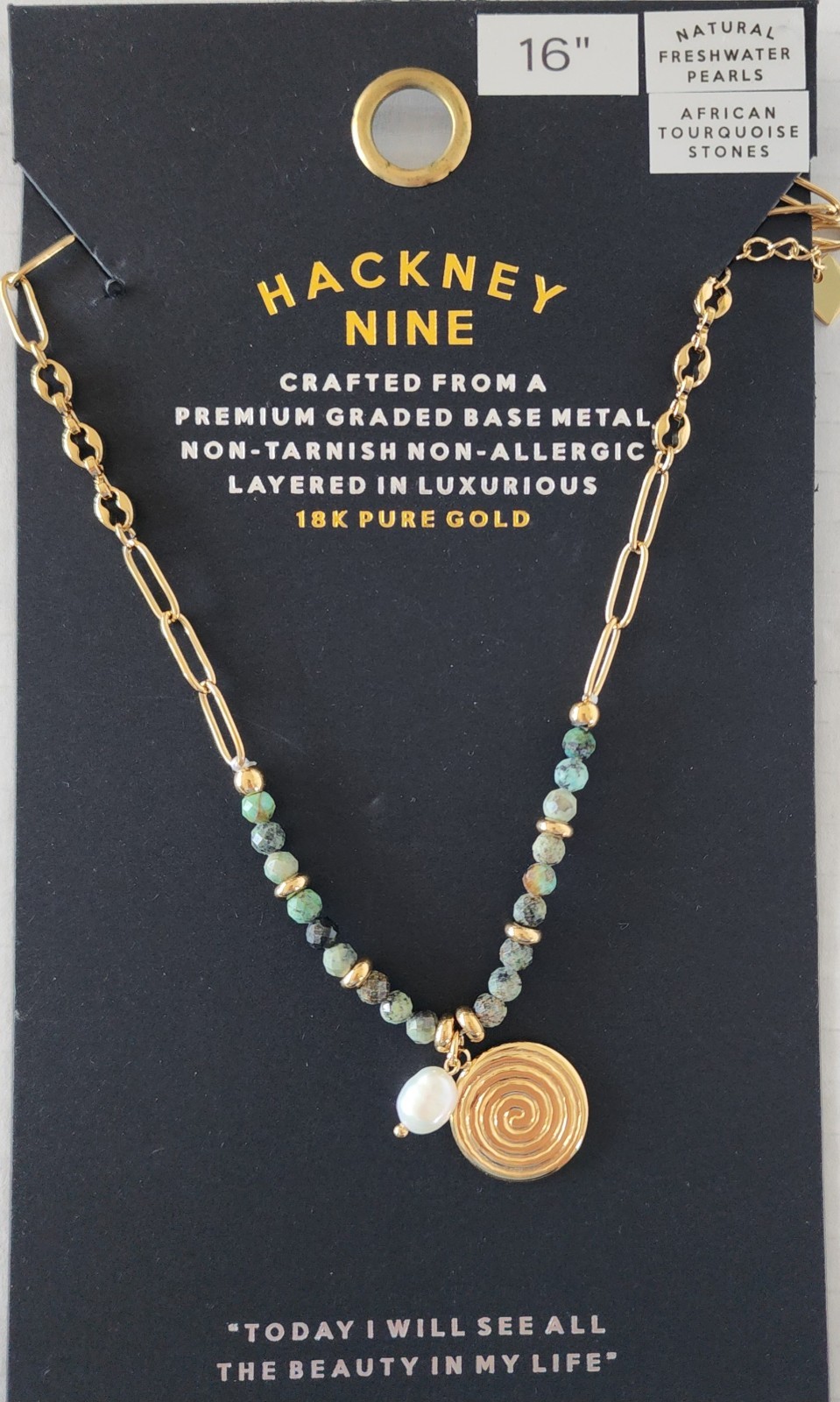 Hackney Nine 18K Gold Plated Freshwater Pearl & African Turquoise Necklace NWT