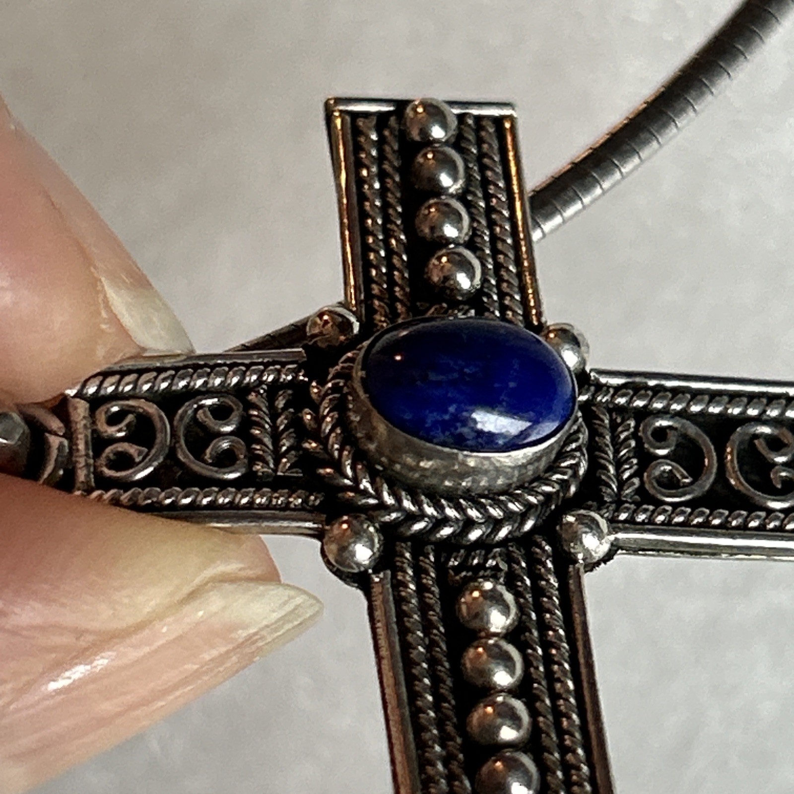 Sterling Silver 925 Omega Necklace And Ornate Cross Pendant With Blue Stone