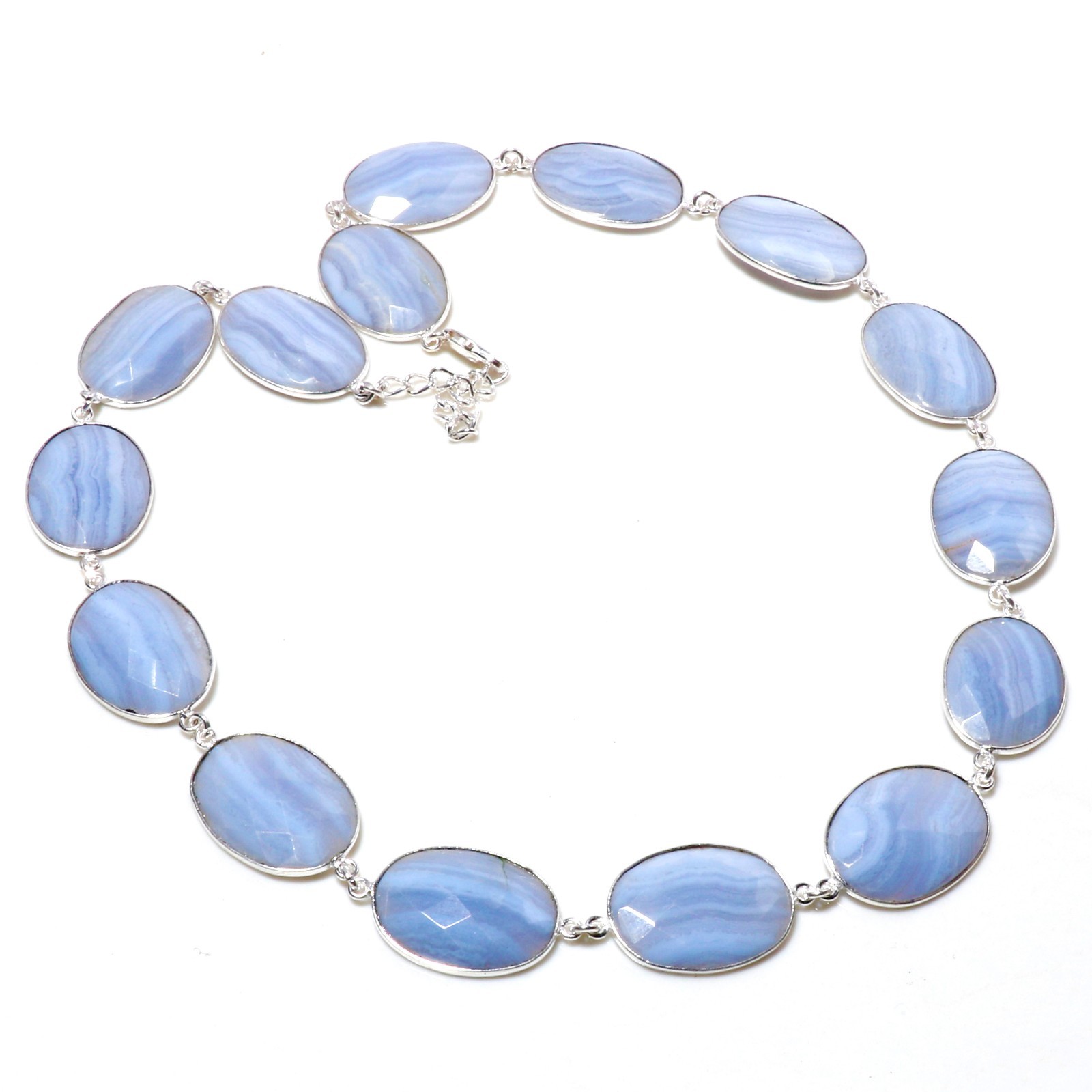 Natural Blue Lace Agate Necklace 925 Sterling Silver Oval Beads Adjustable Chain
