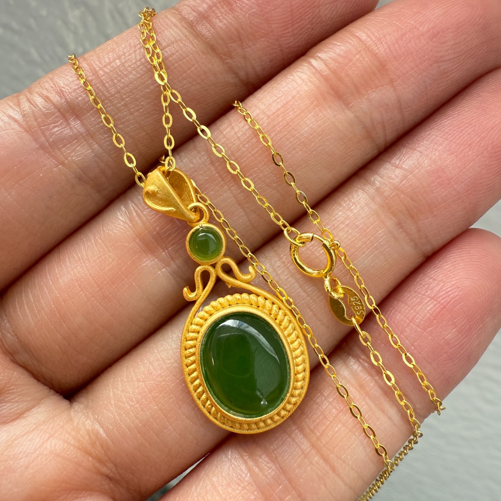 925 Sterling Silver Necklace 11x9mm Natural Emerald Exotic 14K Gold Plated Chain