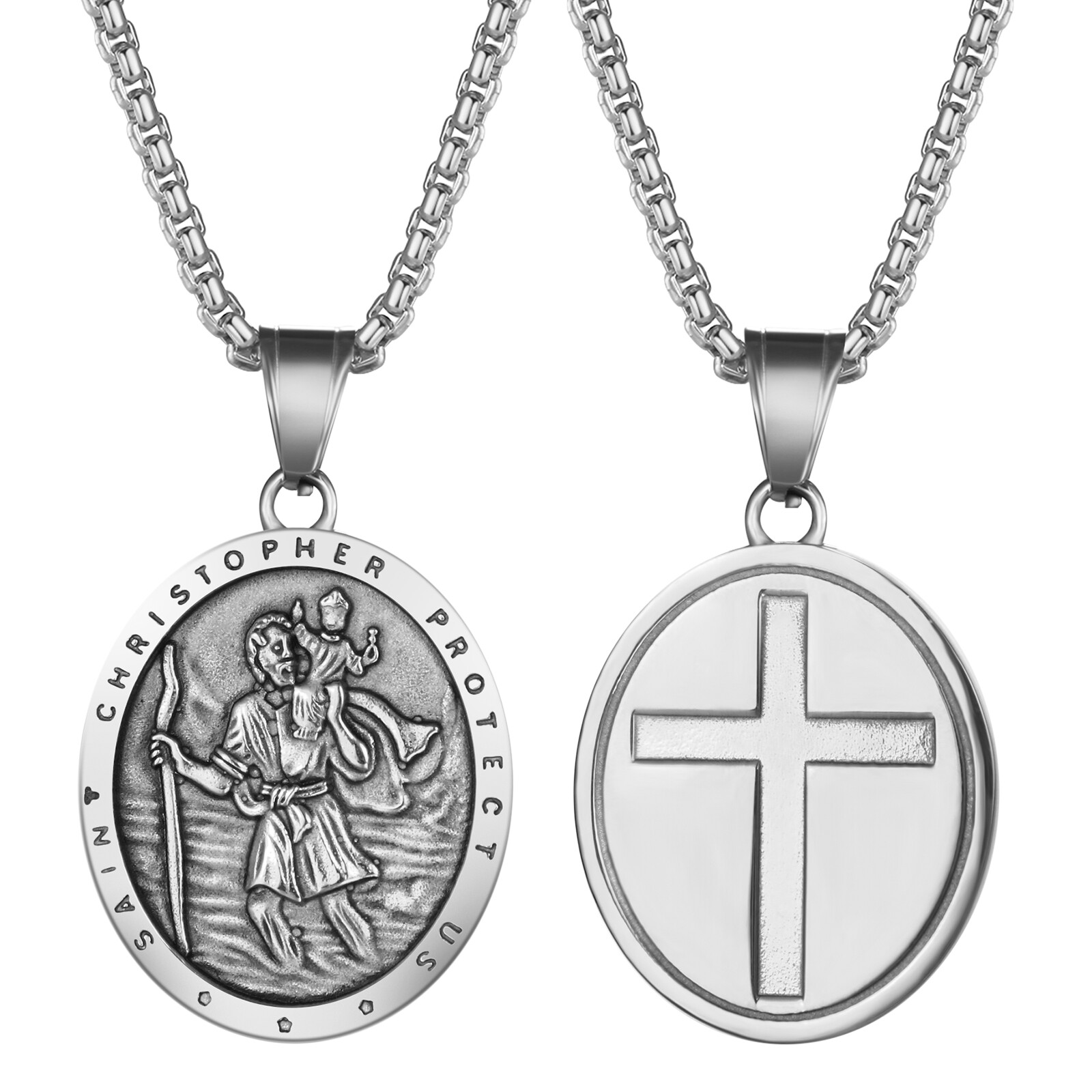 Men Shield Medal Pendant Traveler St Christopher Angel Religious Amulet Necklace