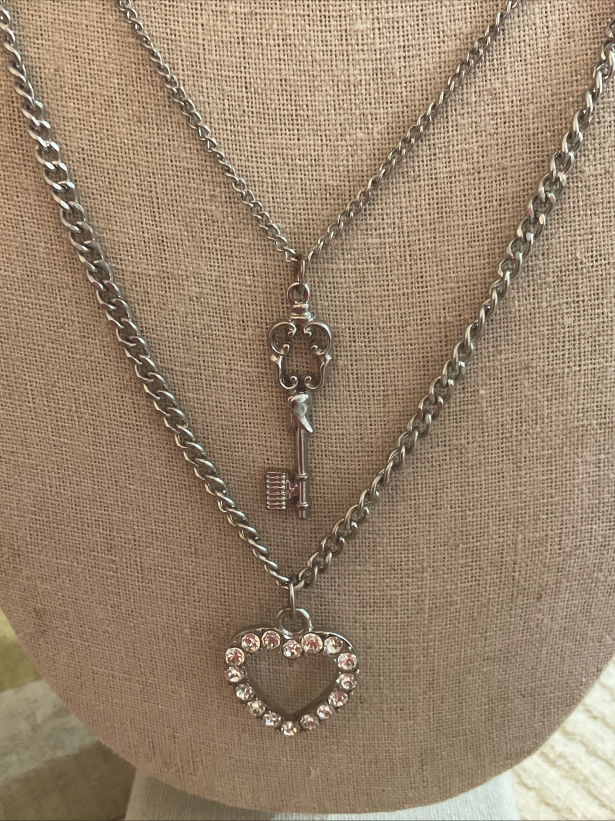 Silver Tone Key and Heart Layered Necklace 16” Long With Ext