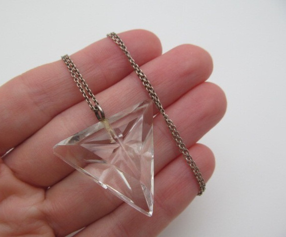 925 Sterling Silver Triangle Clear Star Carved Glass Pendant Oval Chain Necklace