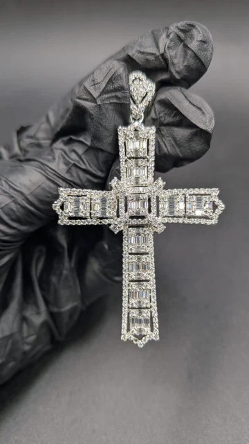 2Ct Baguette Cut Lab Created White Diamond Cross Pendant 14K White Gold Plated