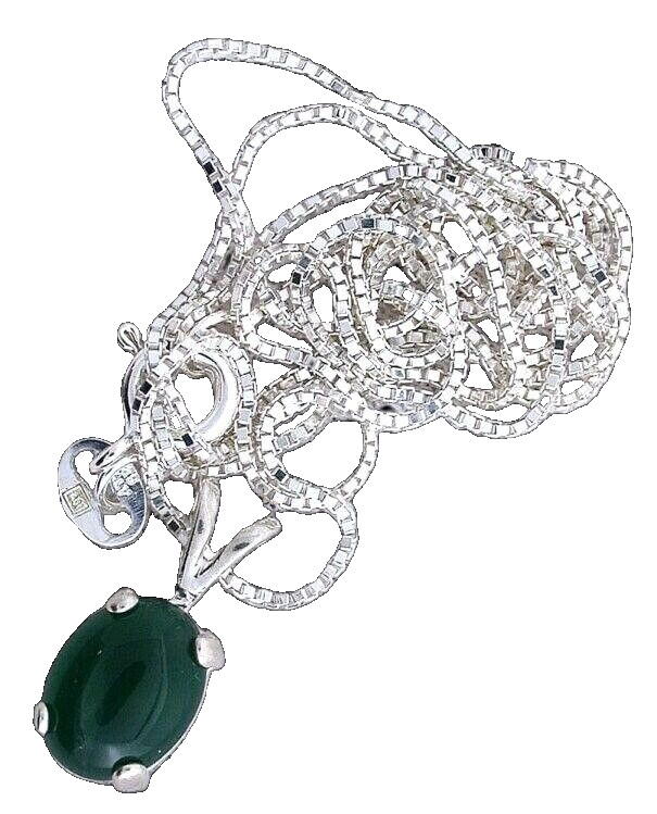9×7 Small Petite Oval Sterling Green Agate Cab Pendant 20 Inch Box Chain EBS1427