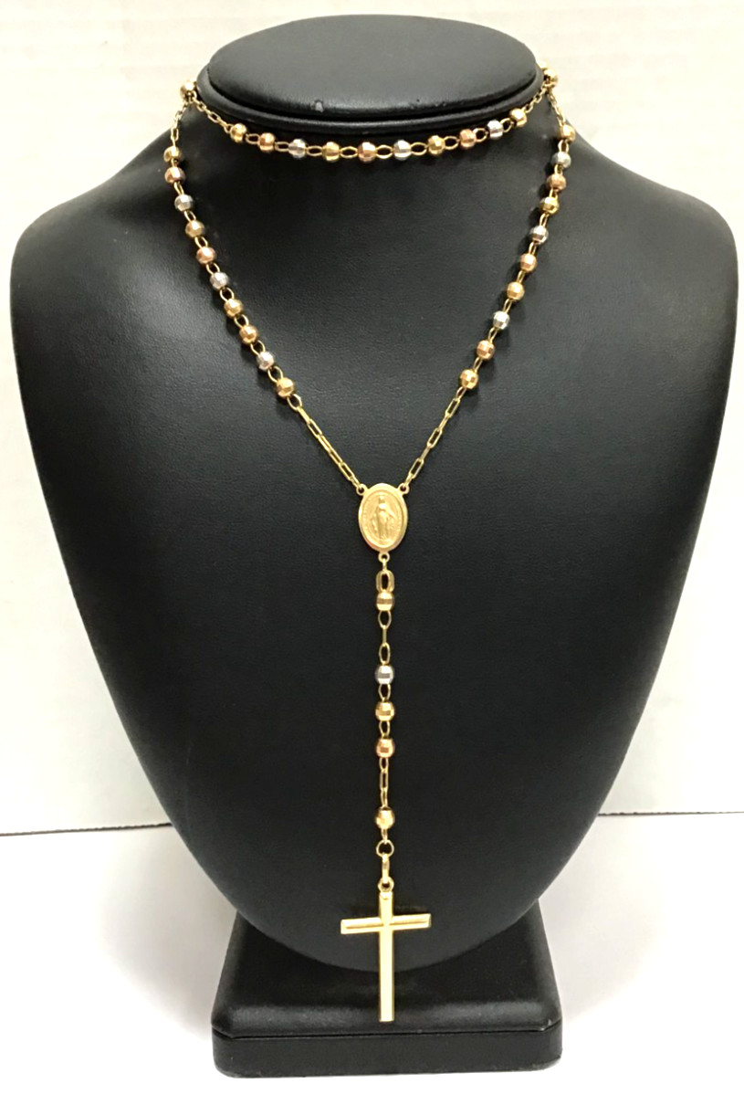 (MA3) Unisex 14k Multi-Tone Gold 19.4 Grams Bead/Ball Rosary Chain Necklace 36″