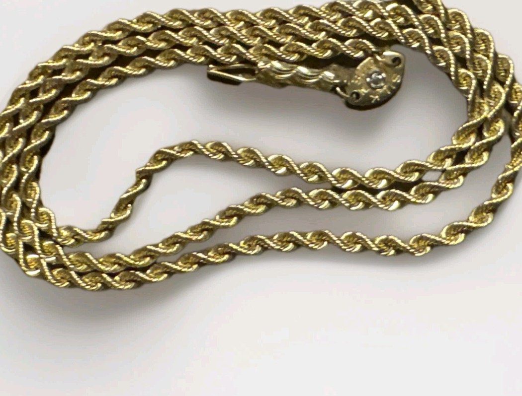Genune Silk Rope 14K Solid 18” 7.5g Gold Chain Diamond Chip Closure Vtg RARE!
