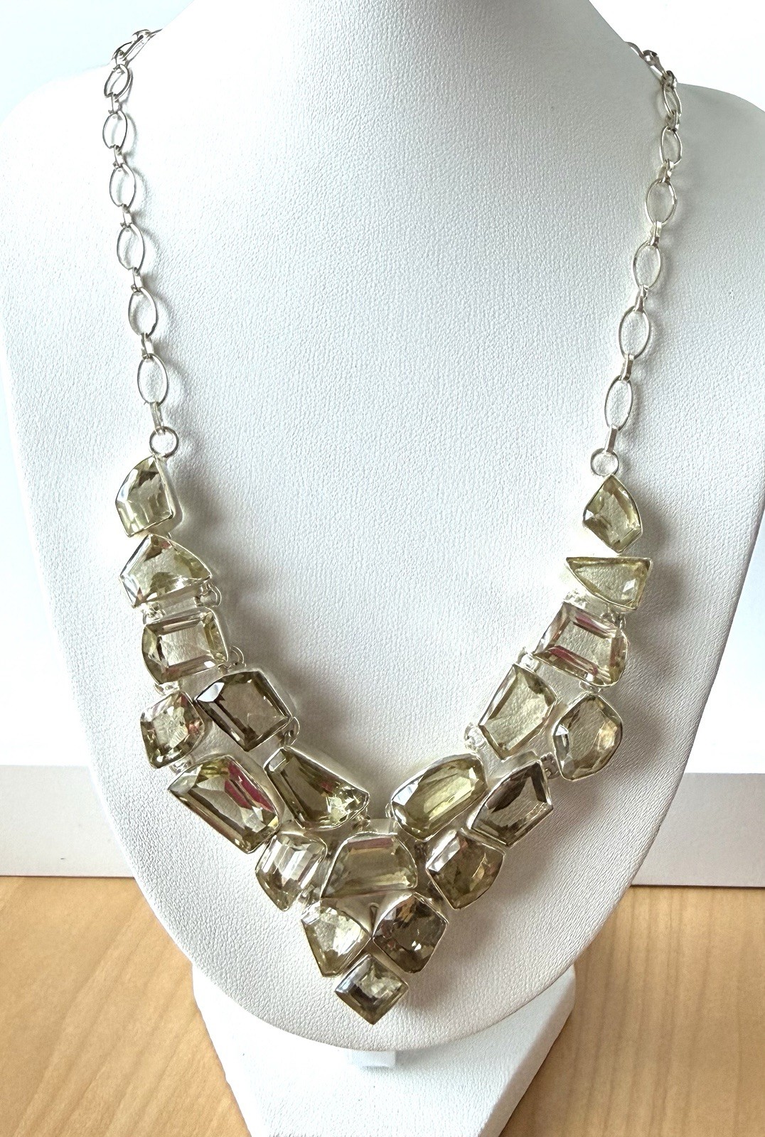 Quartz Sterling Silver .925 Statement Necklace Natural Stones Light Green/gray