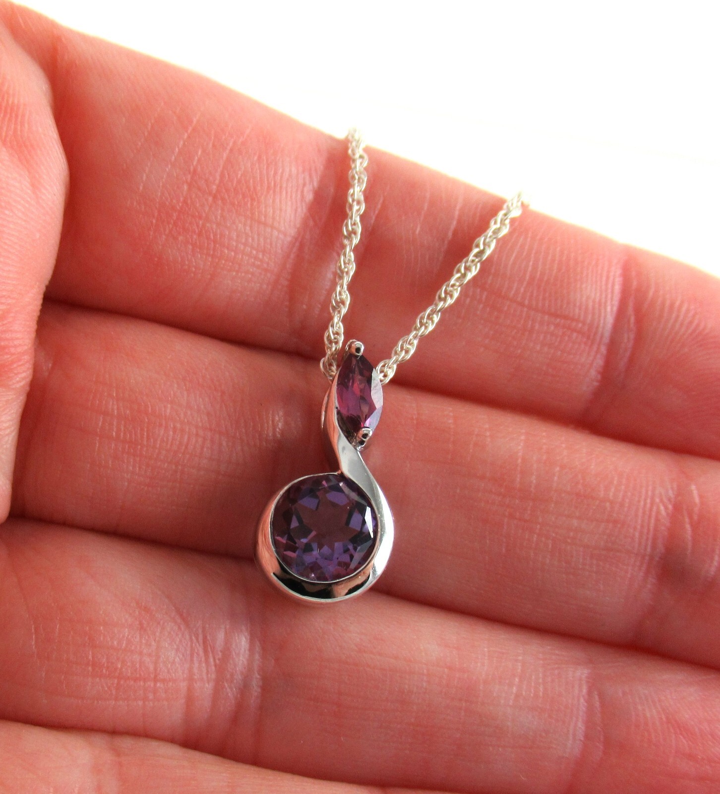 .925 Sterling Silver Tourmaline Pendant Necklace Half Bezel Purple Asymmetrical