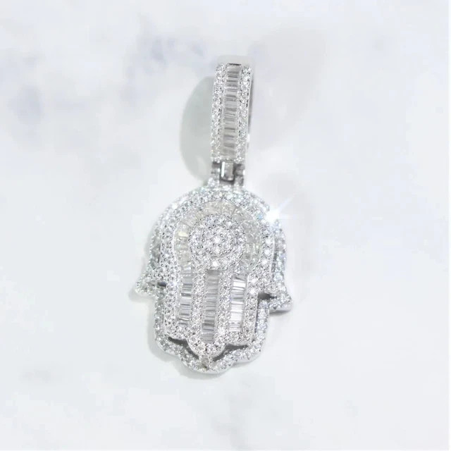 2.00Ct Baguette & Round Cut Natural Moissanite Hamsa Pendant 925 Sterling Silver