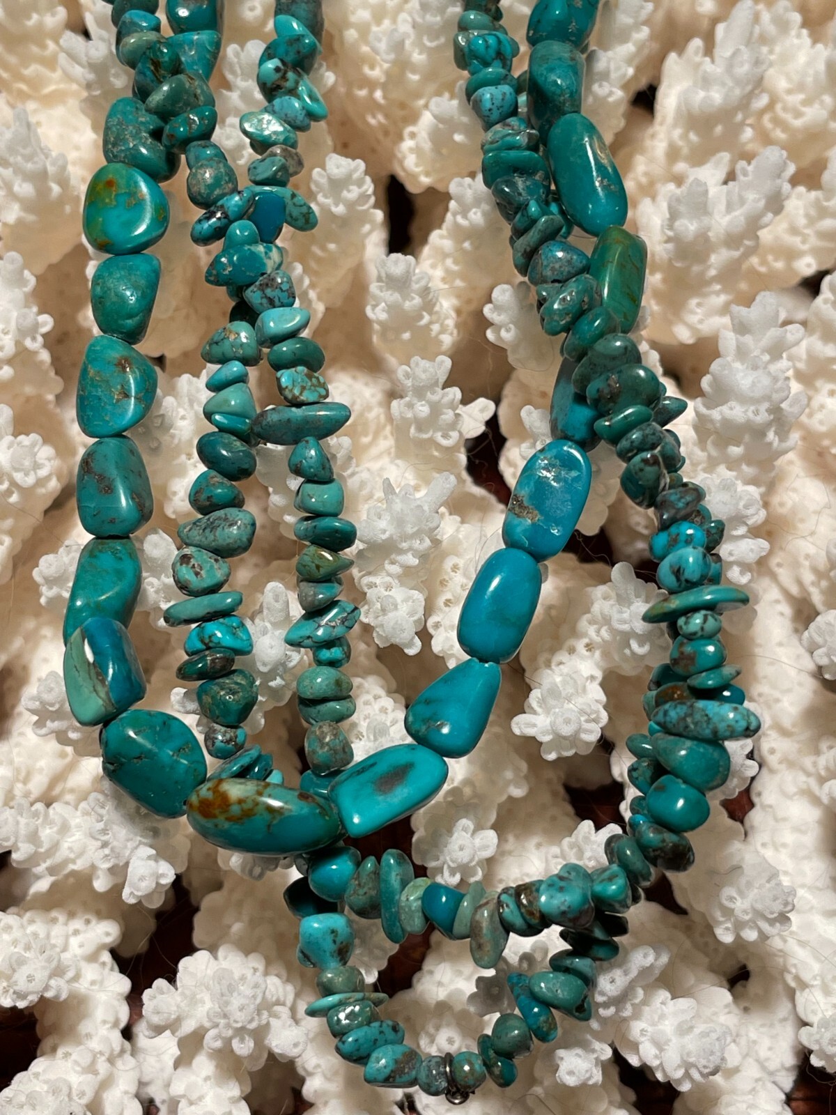DK NATURAL TURQUOISE NUGGETS THREE STRAND & STERLING 925 ARTISAN NECKLACE