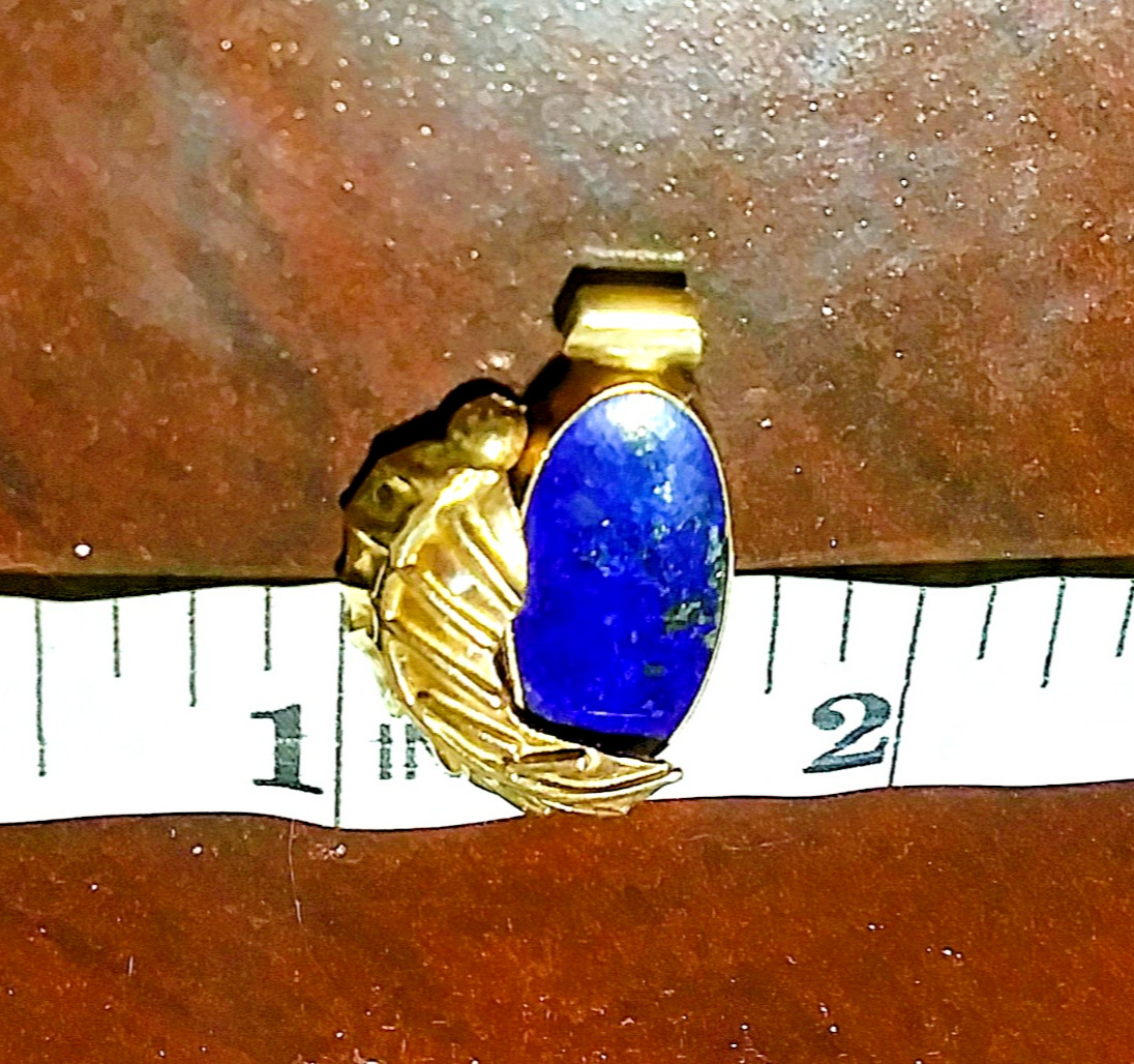 HEAVY 4.3g Solid 14K Gold Lapis Cabochon Pendant Necklace Signed Kish Artisan