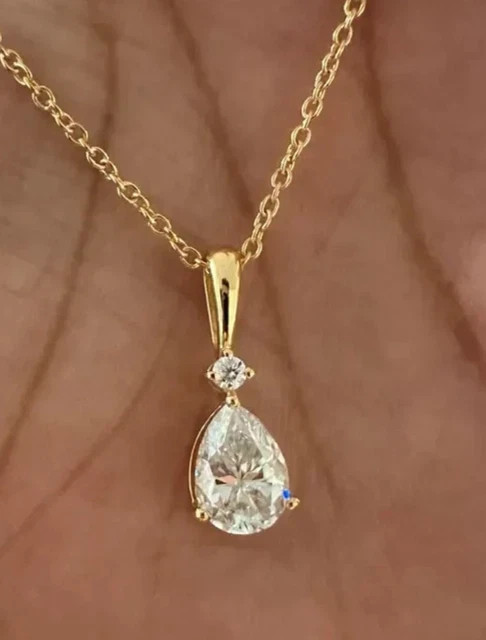 2Ct Pear Lab-Created Diamond Chain Pendant 14K Yellow Gold Plated