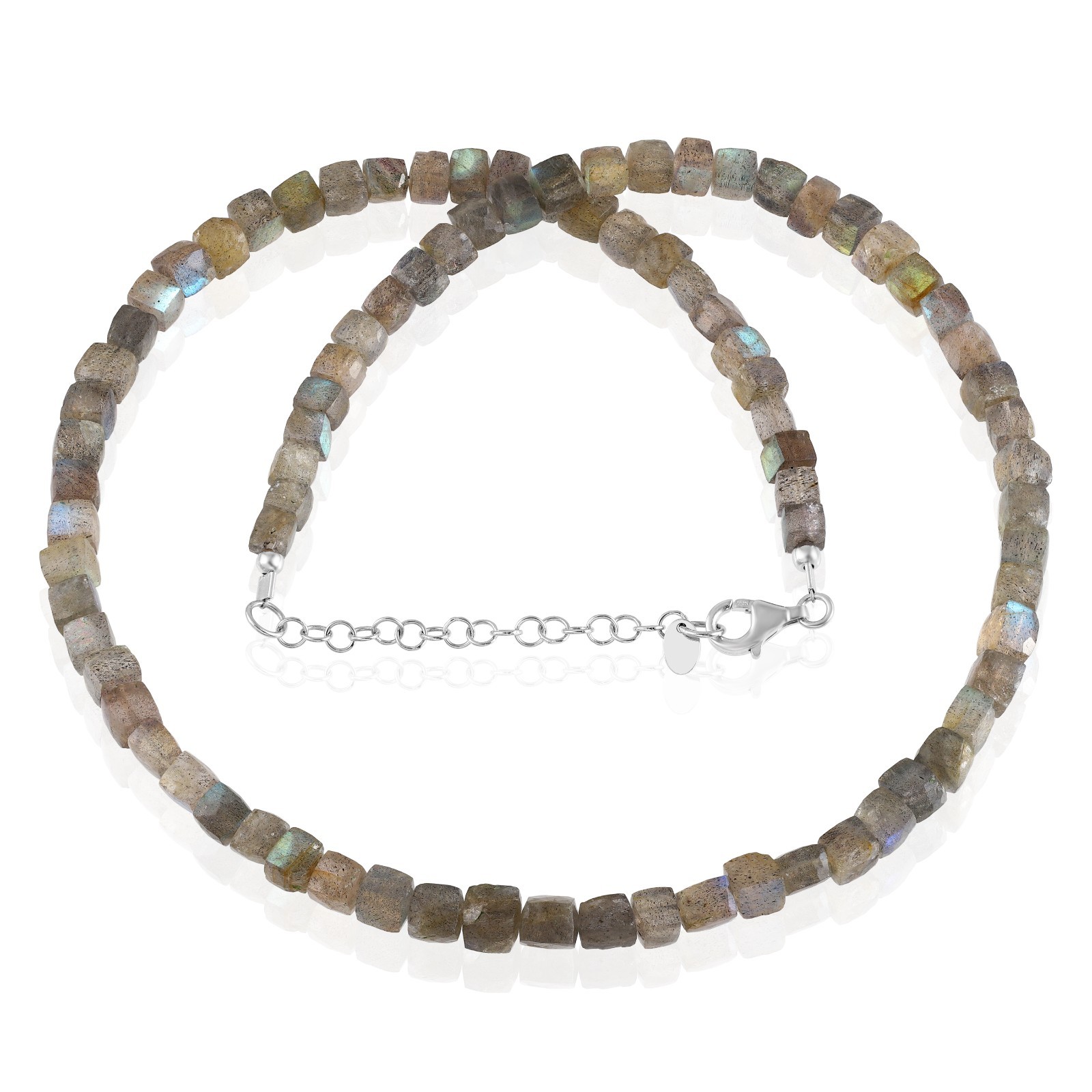 Natural Labradorite Stone Beaded Necklace Faceted Box Cub 925 Silver Necklace