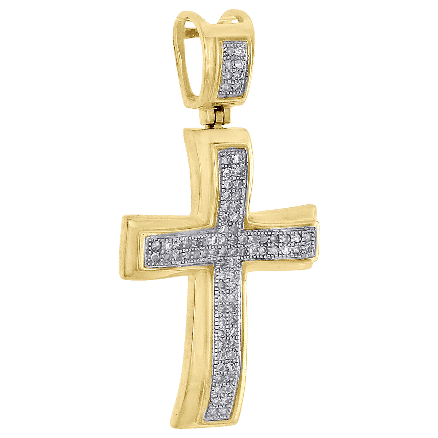 10K Yellow Gold Real Diamond Concave Cross Pendant Pave Set 1.15″ Charm 0.17 CT.