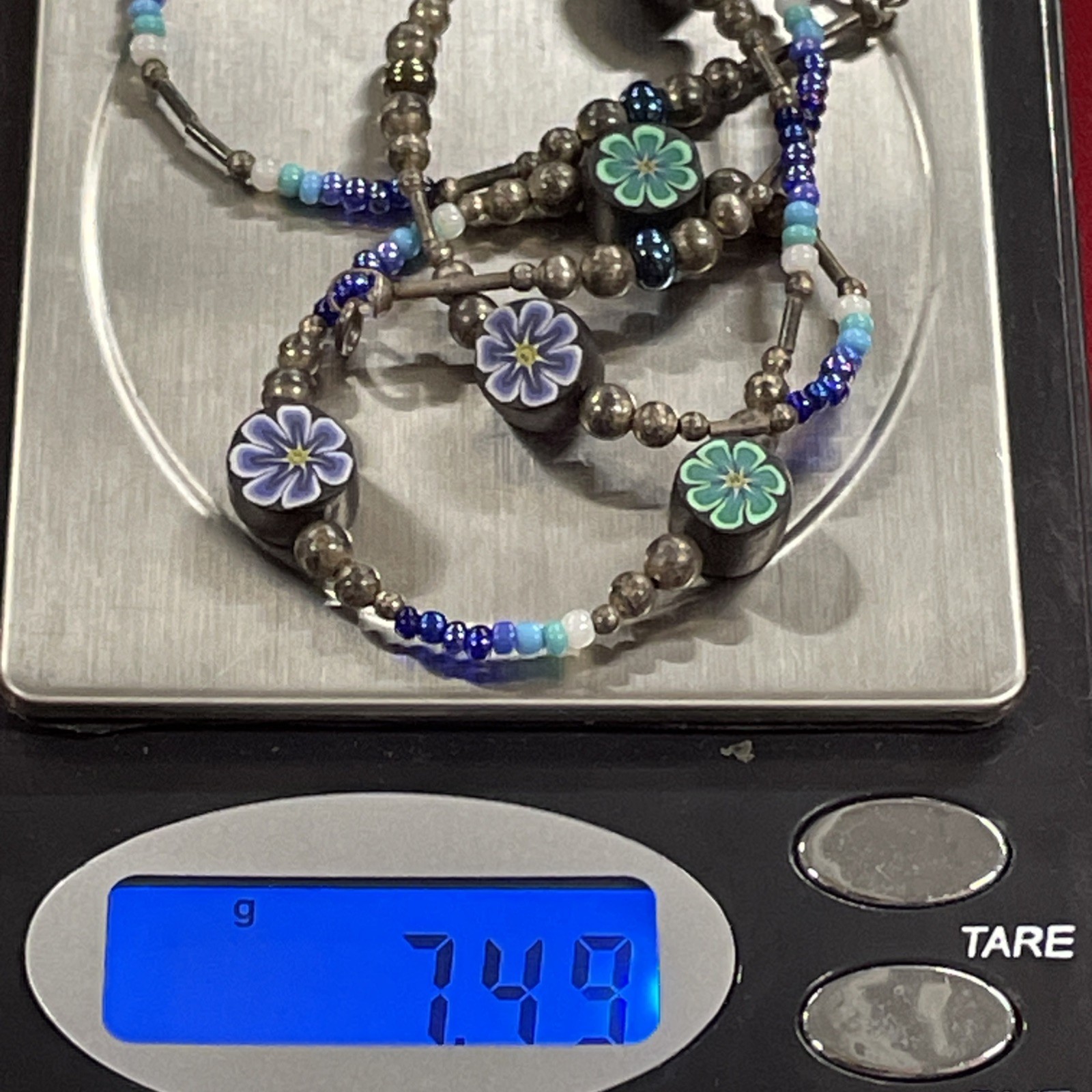 Sterling Silver 925 Clasped Beaded Green & Blue Flower 16.5” Necklace