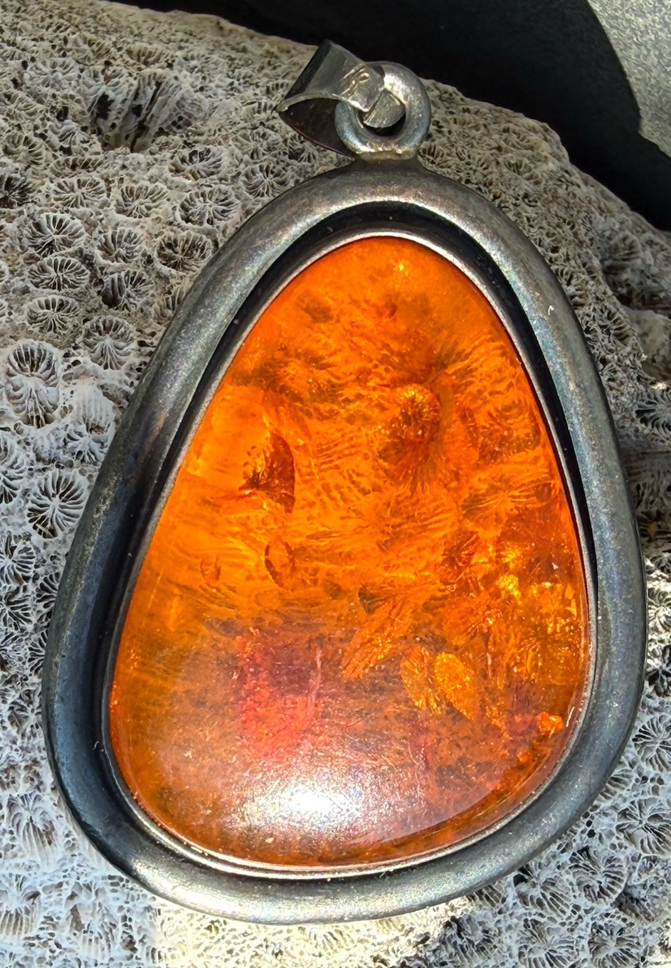 Orange Amber Cabochon Sterling Silver Asymmetrical 2”Pendant 925
