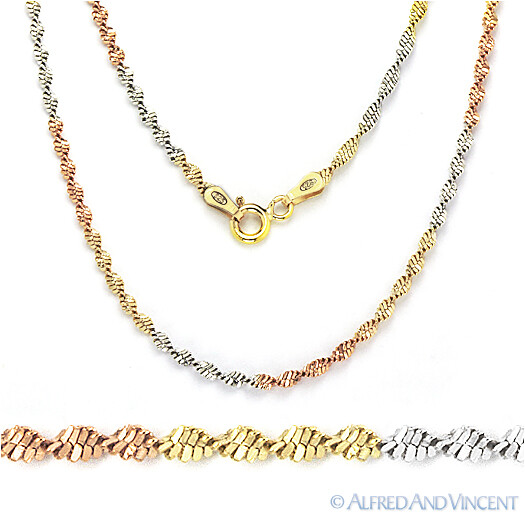 2mm Magic-Flex Twist-Rope Link Tri-Tone Italy 925 Sterling Silver Chain Necklace