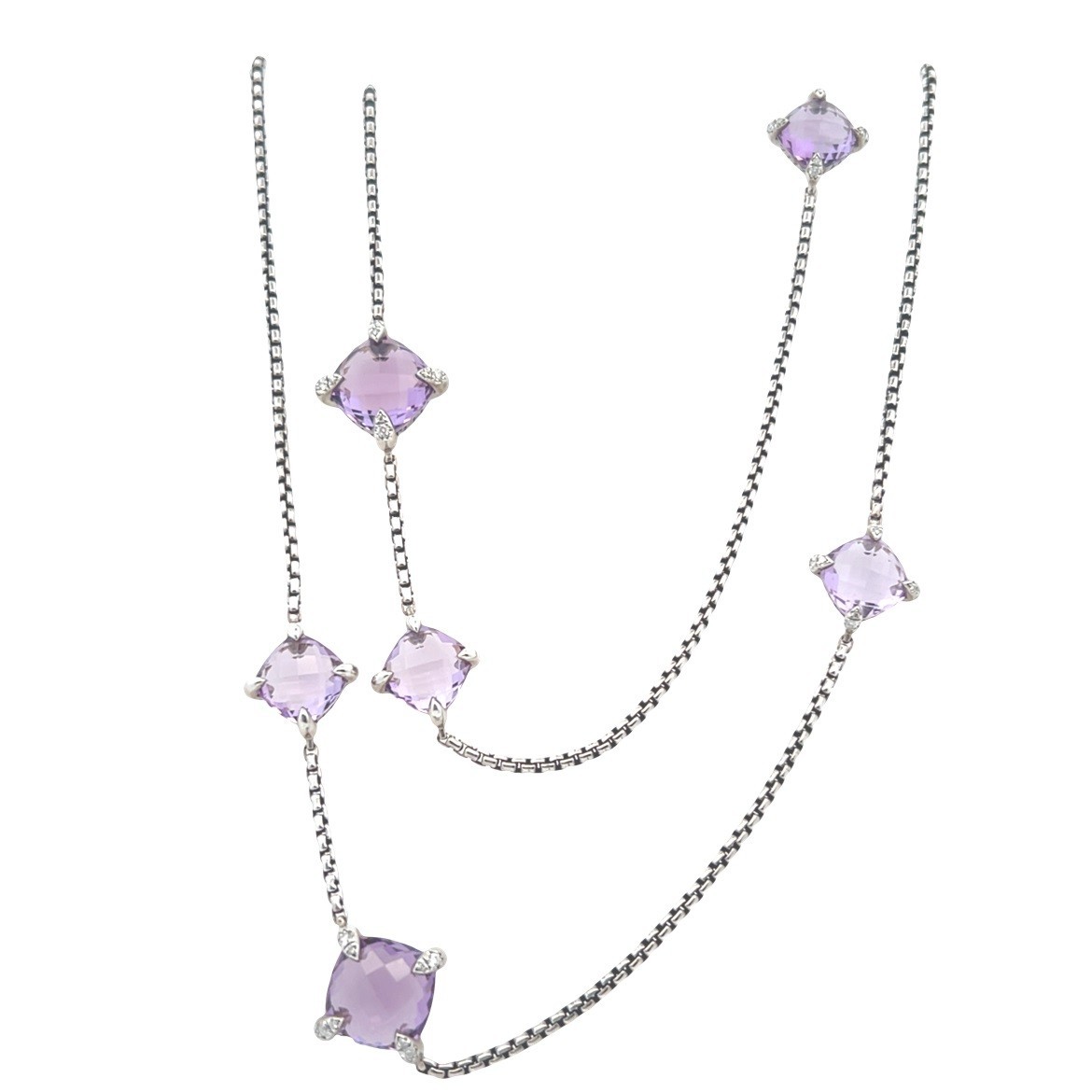 David Yurman Sterling Silver Chatelaine Amethyst Diamond Station Necklace