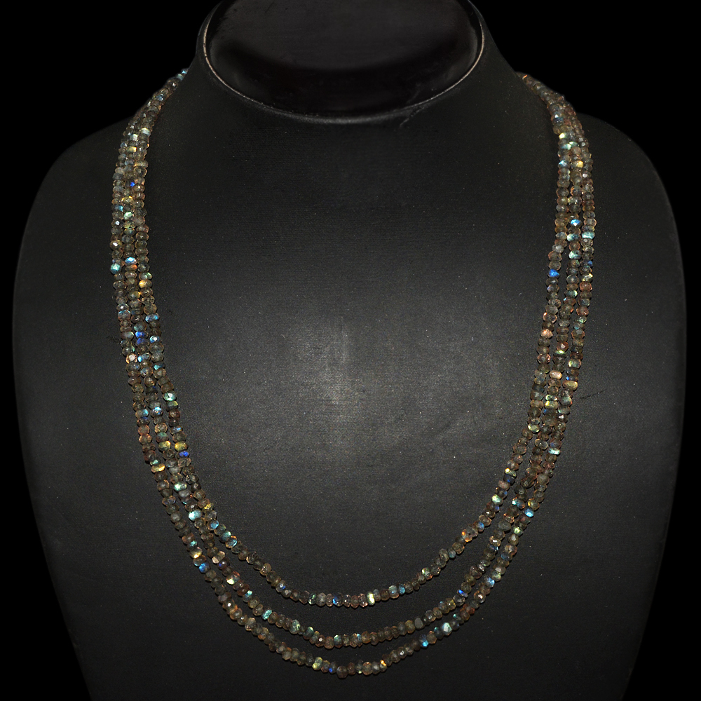 135.35 CTS NATURAL 3 STRAND BLUE FLASH LABRADORITE ROUND CUT BEADS NECKLACE (DG)