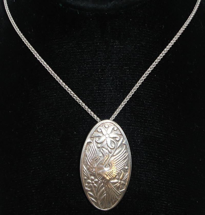 Sterling signed 20″ AVERY chain floral Quetzal BIRD PENDANT hand made medallion