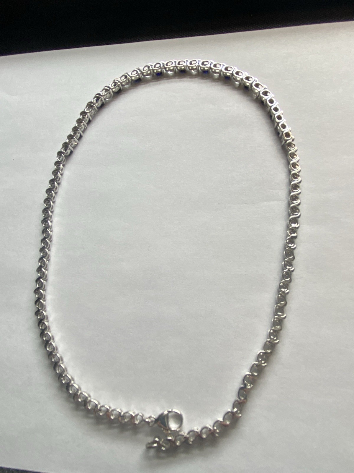 925 Sterling Silver Lab Created Blue & White Sapphire Tennis Necklace Signed EMA