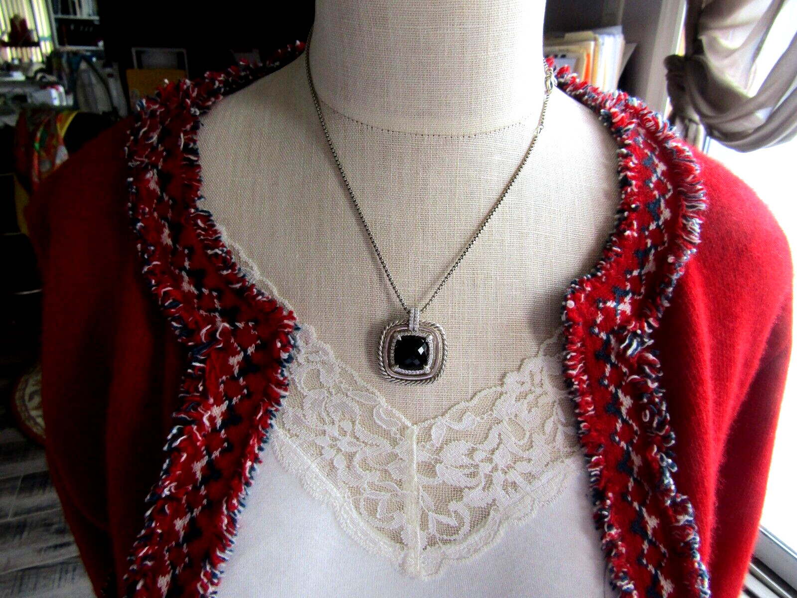 David Yurman Sterling Silver Black Onyx & Diamond Chatelaine Pendant Necklace