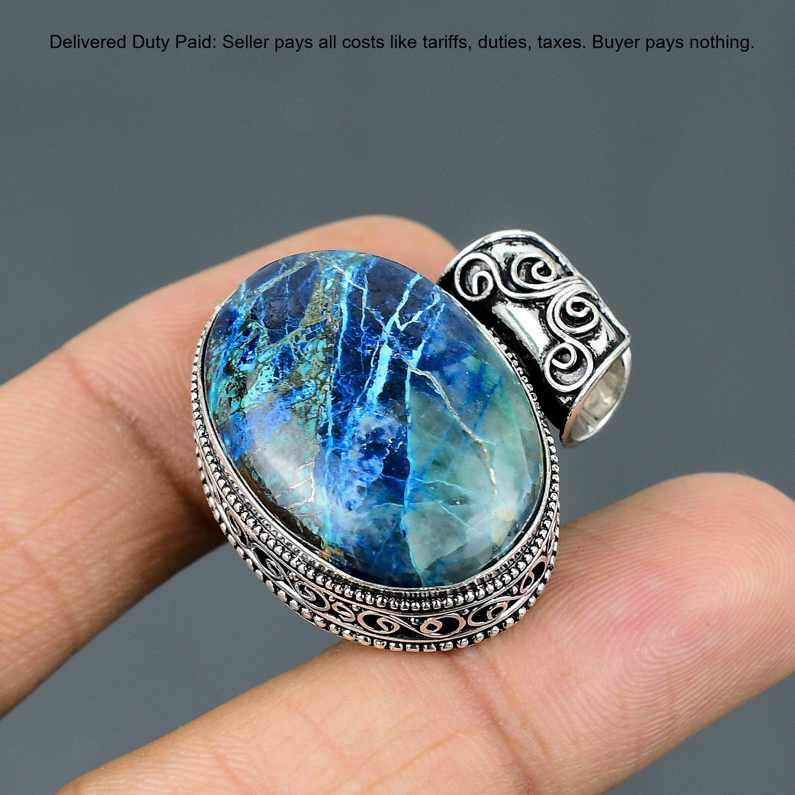 925 Sterling Silver Azurite Malachite Gemstone Unique Vintage Engagement Pendant
