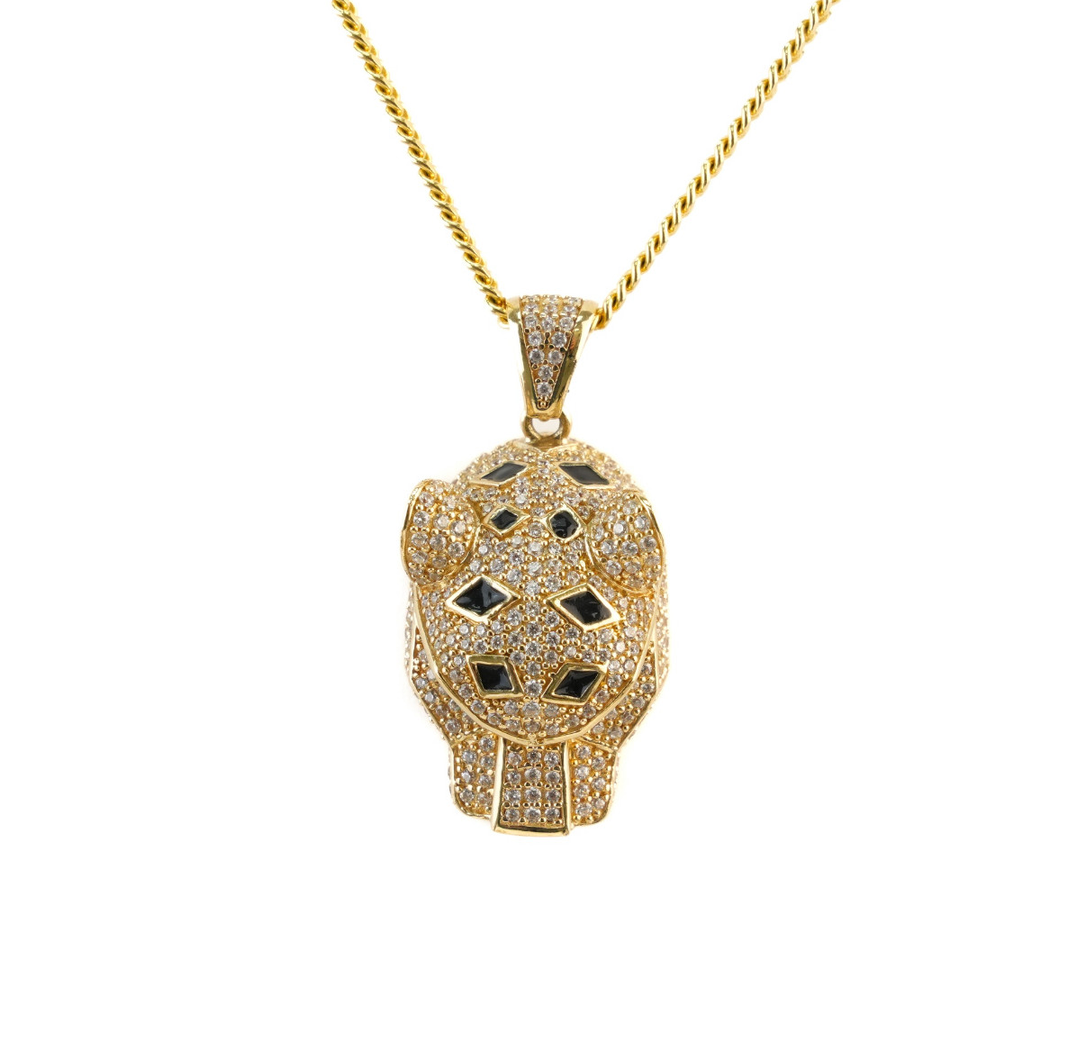 Real 14K Solid Yellow Gold Iced Panther Head Pendant CZ Black Enamel Jaguar