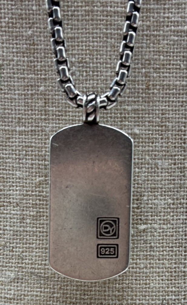 David Yurman 925 Sterling Silver Plain Dog Tag Pendant 20″ Box Chain DY Signed