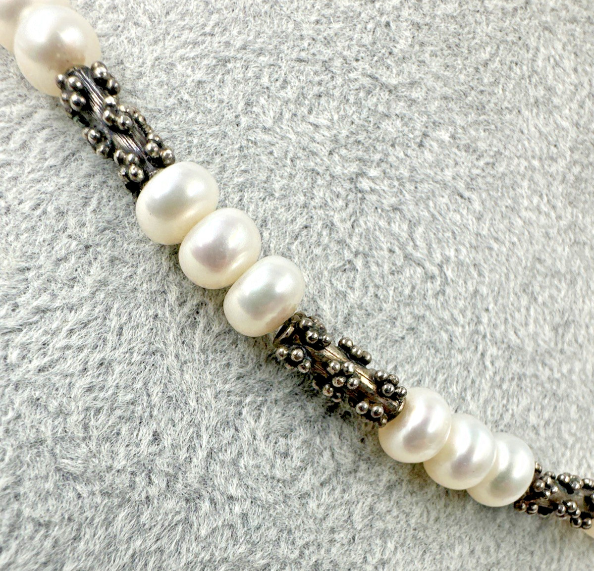 Sterling Silver Pearl Brutalist Caviar Popcorn Bead Station Necklace 16″ 28.6g