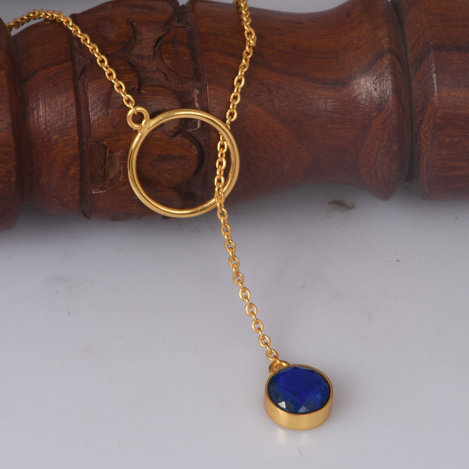 Cross Lariat Chain Pendant Round Lapis Yellow Gold Vintage Minimalist Necklace