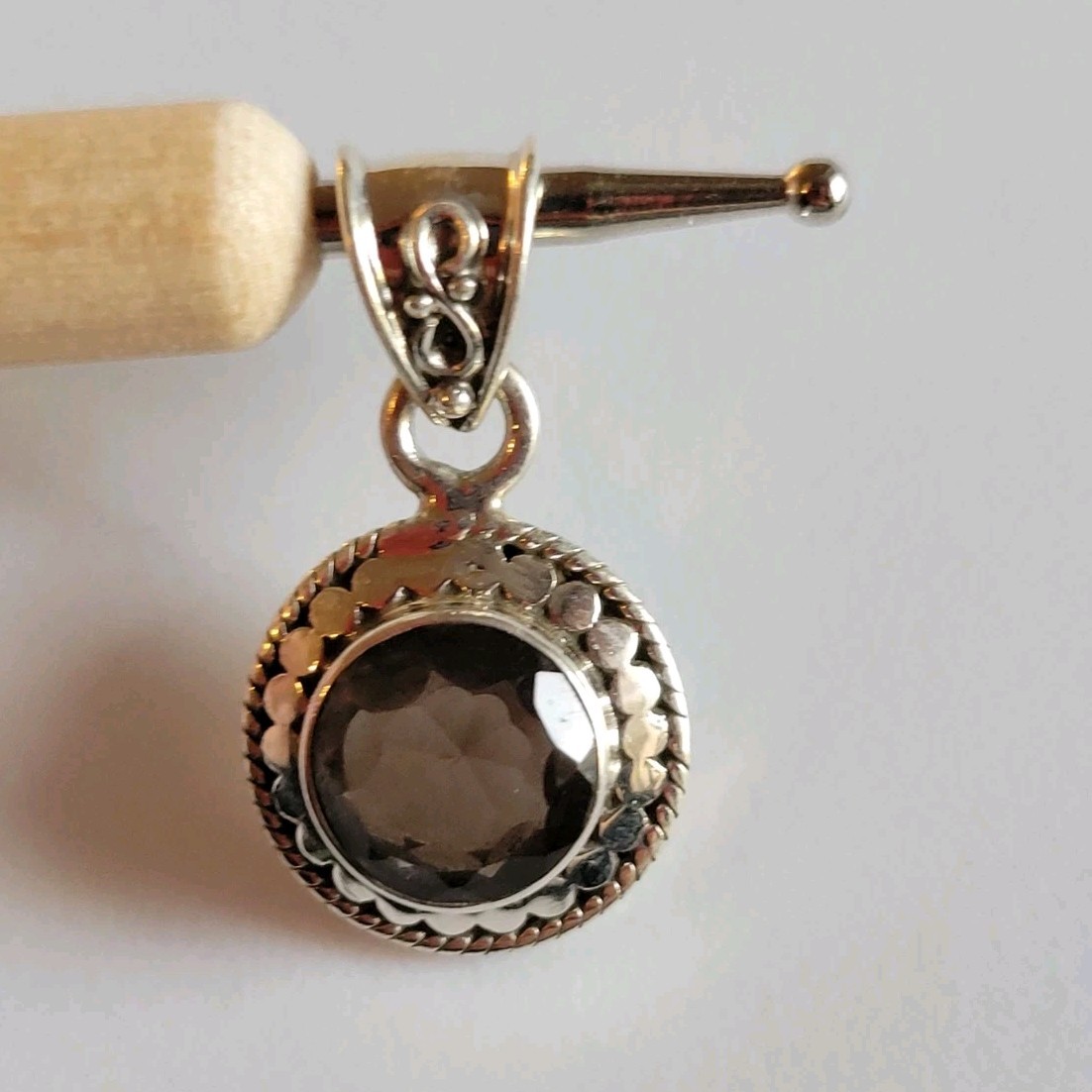 Sterling Silver Smoky Quartz Round Bezel Pendant Marked 925