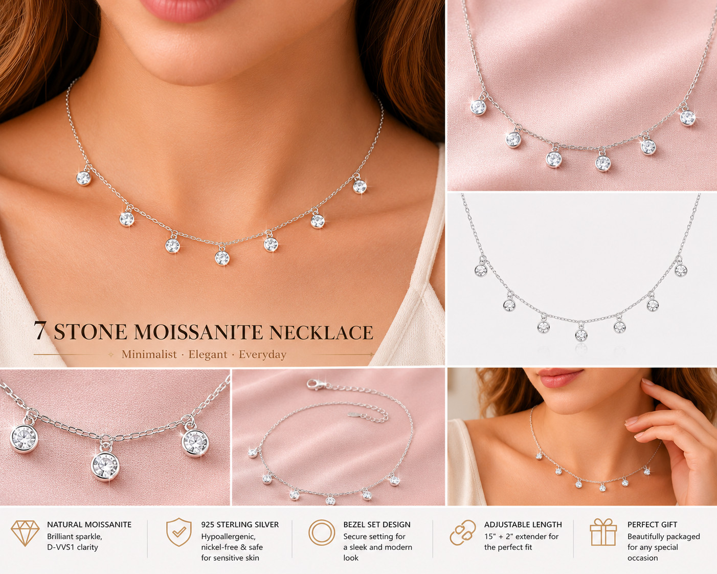 Moissanite Real 925 Silver Dangle Station Necklace Adjustable Choker for Women