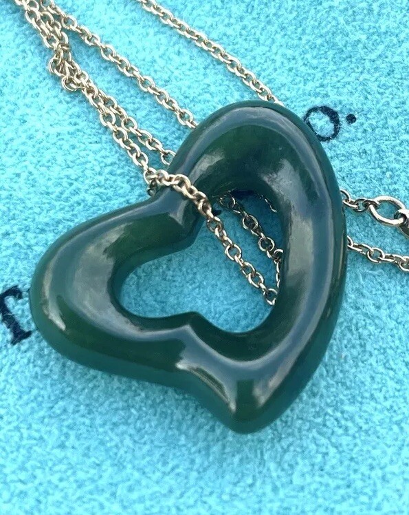 Tiffany & Co. 18k Gold LARGE Elsa Peretti Green Jade Open Heart Pendant Necklace