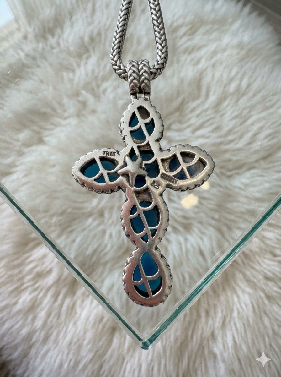 925 Sterling Silver 5 Turquoise Cabochon Cross Pendant Bezel Set Signed Blue