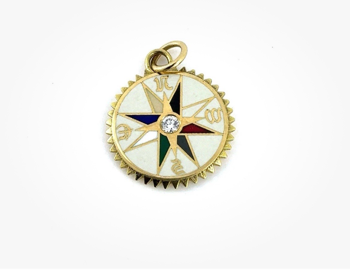 FoundRae Cream Internal Compass Petite Champleve Medallion 18K Gold Diamond