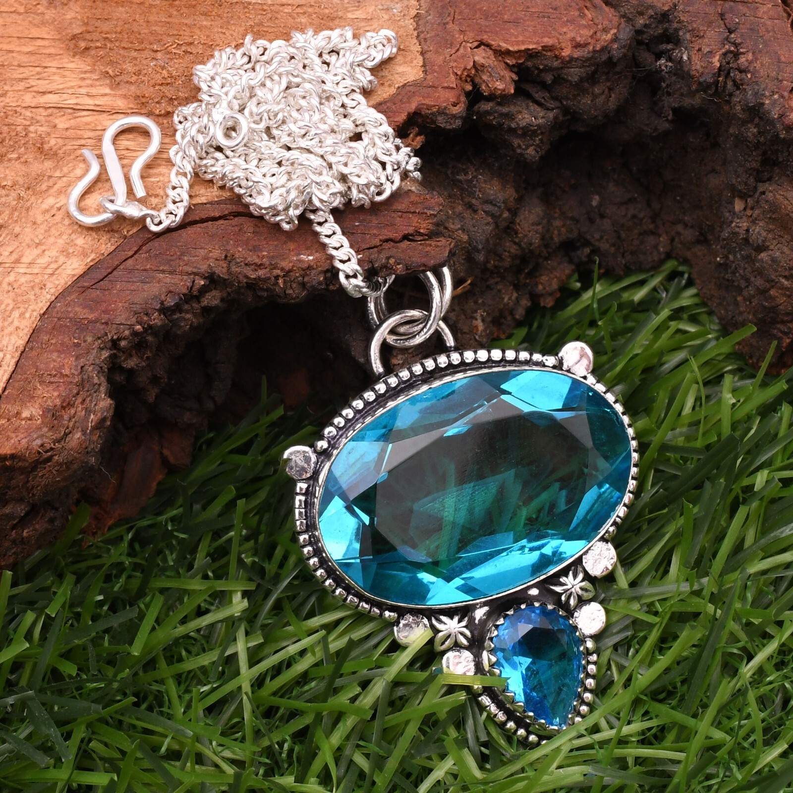 Blue Topaz 925 Sterling Silver Gemstone Handmade Jewelry Pendant 2.15″