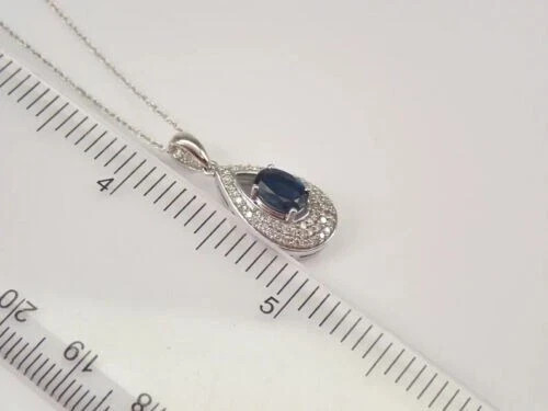 2Ct Oval Cut Lab Created Blue Sapphire Halo Pendant 14K White Gold Plated 18”