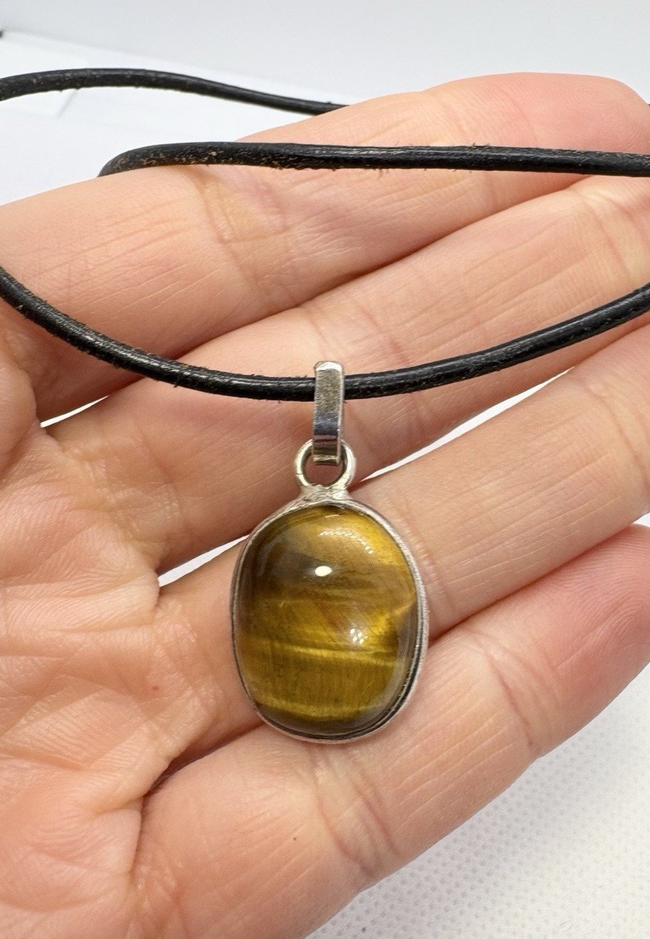 Sterling Silver Tiger’s Eye Pendant Necklace on Leather Cord 16–17” Adjustable