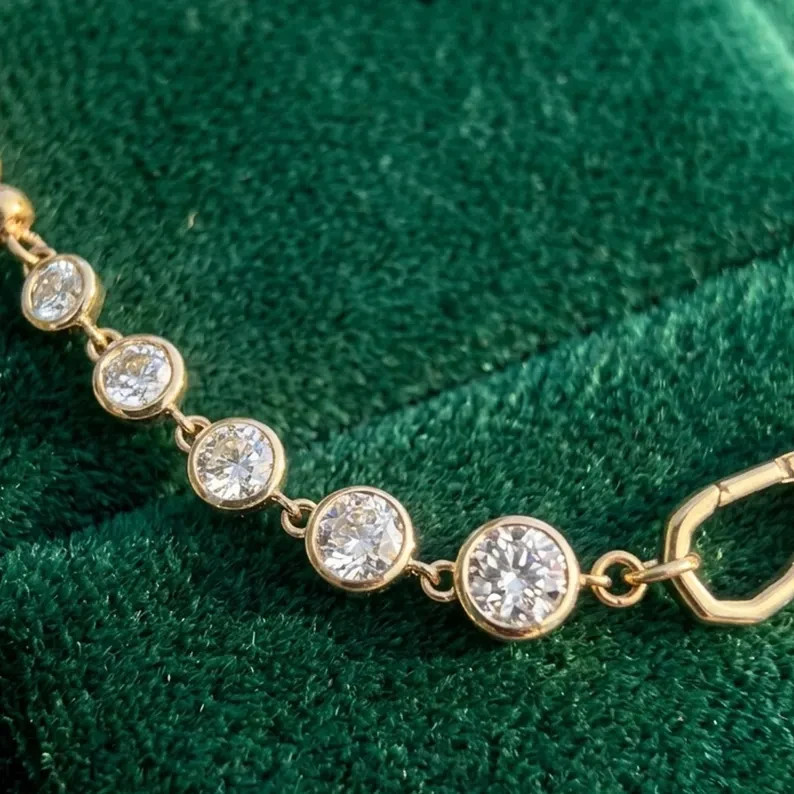 2.80Ct Moissanite Beaded Chain Necklace Charm Holder Clasp 14K Gold Plated 17″